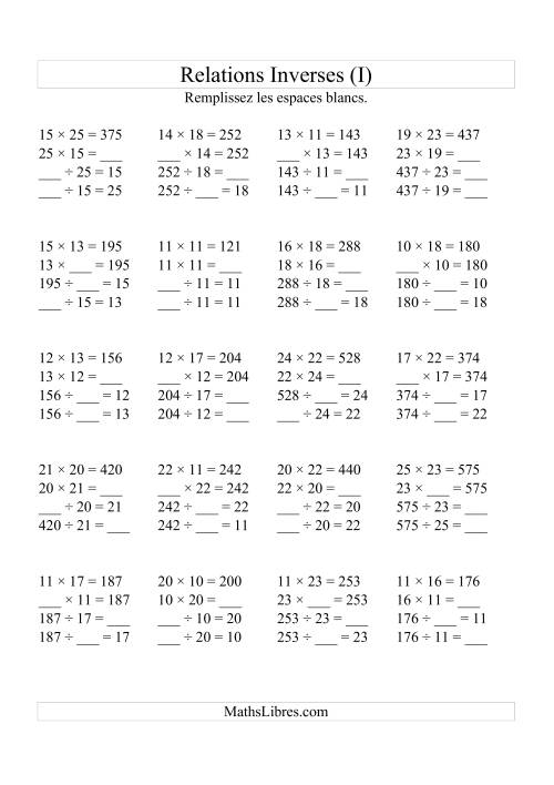 Relations Inverses -- Multiplication et Division (Toutes Opérations Inverses) -- Variation 10 à 25 (I)