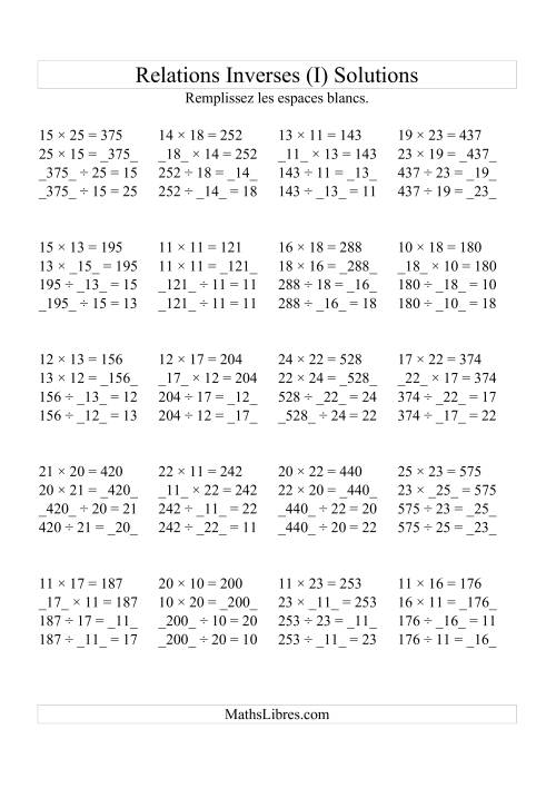 Relations Inverses -- Multiplication et Division (Toutes Opérations Inverses) -- Variation 10 à 25 (I) page 2