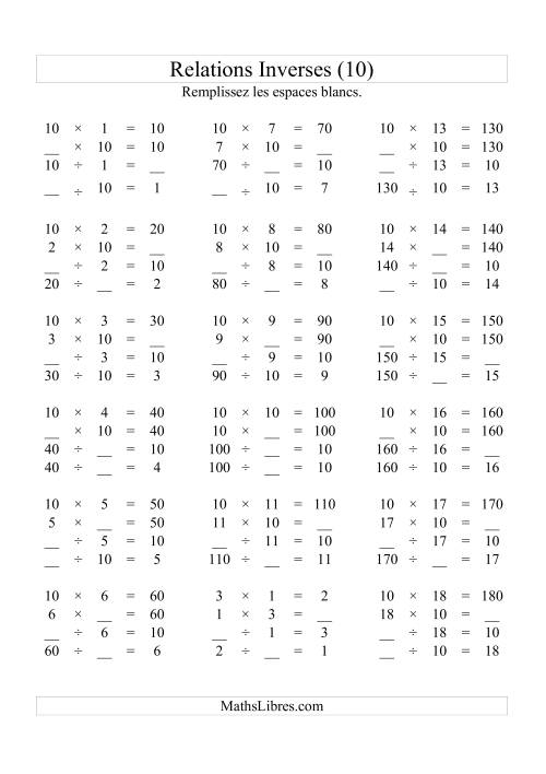 Relations Inverses -- Multiplication et Division -- Un Chiffre Vedette par Page -- 10 (J)