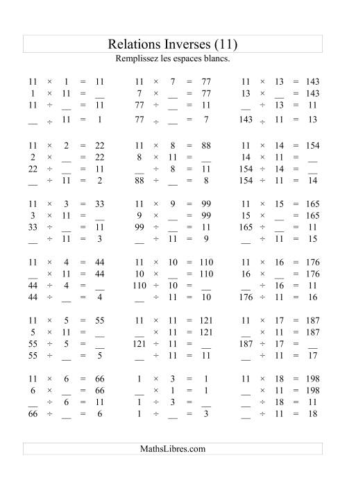 Relations Inverses -- Multiplication et Division -- Un Chiffre Vedette par Page -- 11 (K)
