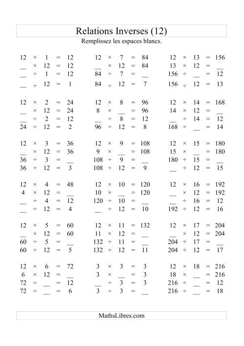 Relations Inverses -- Multiplication et Division -- Un Chiffre Vedette par Page -- 12 (L)