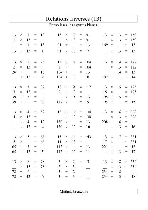 Relations Inverses -- Multiplication et Division -- Un Chiffre Vedette par Page -- 13 (M)
