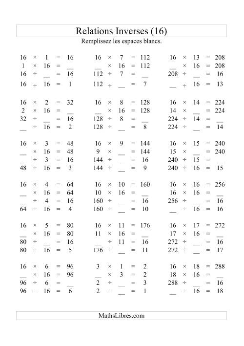 Relations Inverses -- Multiplication et Division -- Un Chiffre Vedette par Page -- 16 (P)