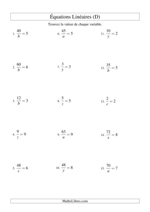 Résolution d'Équations Linéaires -- Forme a/x = c (D)