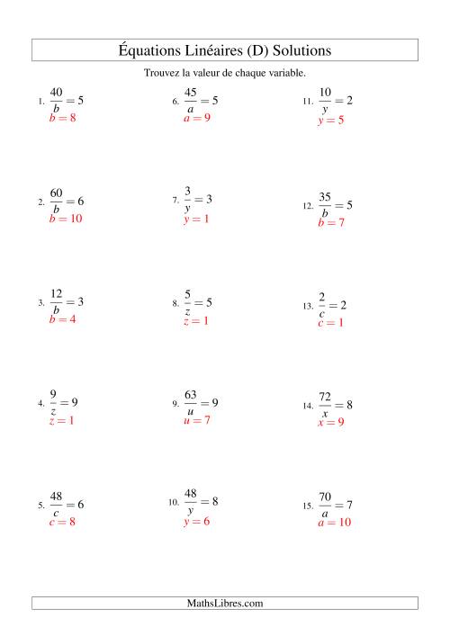Résolution d'Équations Linéaires -- Forme a/x = c (D) page 2