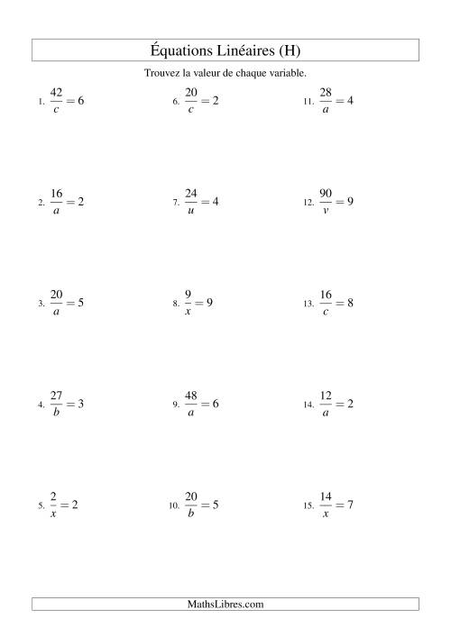 Résolution d'Équations Linéaires -- Forme a/x = c (H)