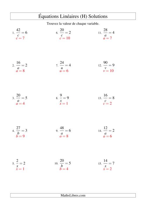 Résolution d'Équations Linéaires -- Forme a/x = c (H) page 2