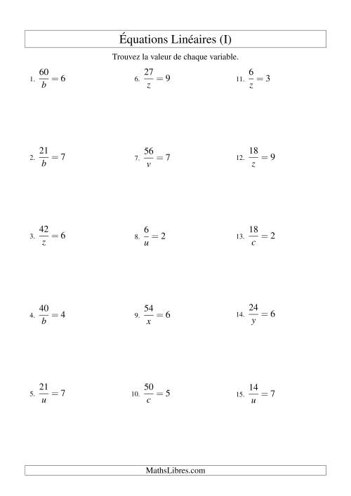 Résolution d'Équations Linéaires -- Forme a/x = c (I)