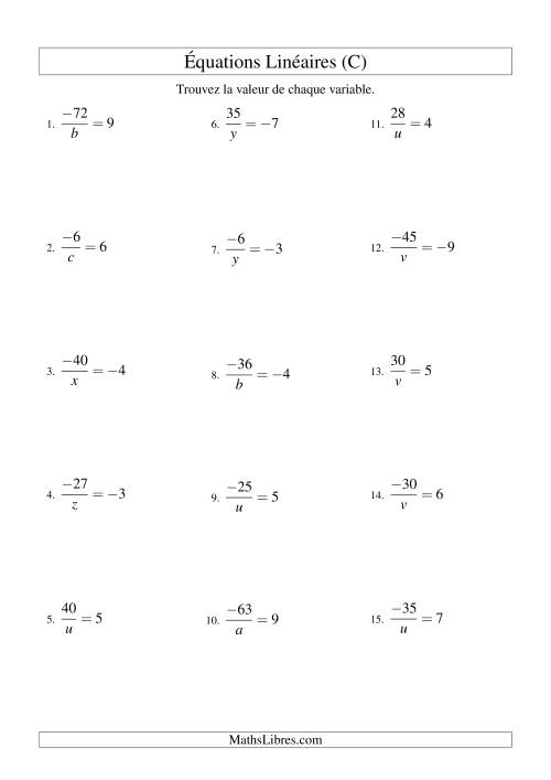 Résolution d'Équations Linéaires (Incluant Valeurs Négatives) -- Forme a/x = c (C)