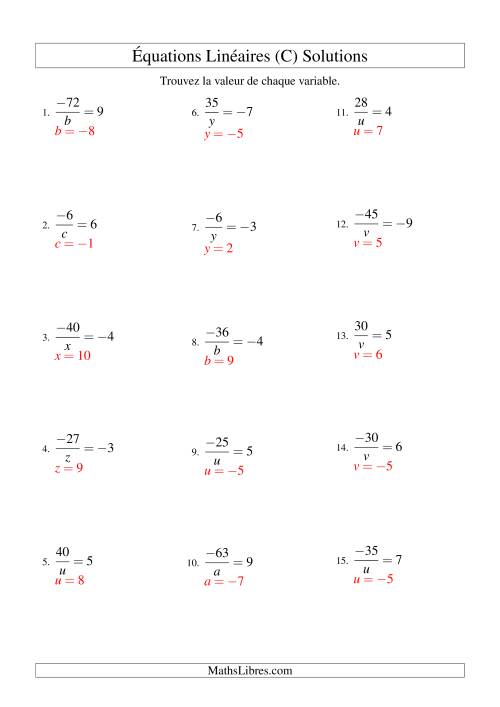 Résolution d'Équations Linéaires (Incluant Valeurs Négatives) -- Forme a/x = c (C) page 2