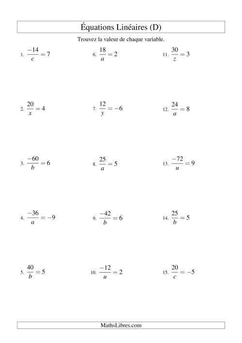 Résolution d'Équations Linéaires (Incluant Valeurs Négatives) -- Forme a/x = c (D)