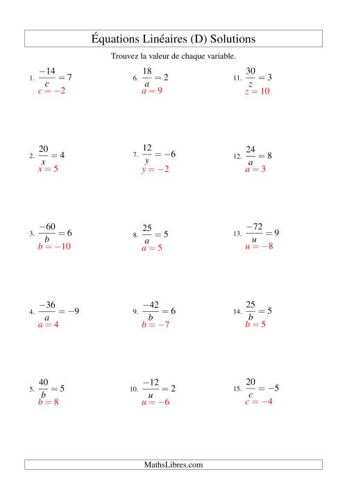 Résolution d'Équations Linéaires (Incluant Valeurs Négatives) -- Forme a/x = c (D) page 2