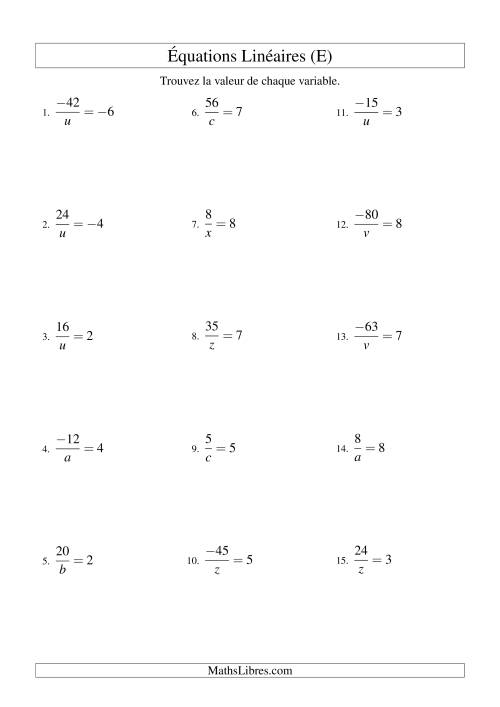 Résolution d'Équations Linéaires (Incluant Valeurs Négatives) -- Forme a/x = c (E)