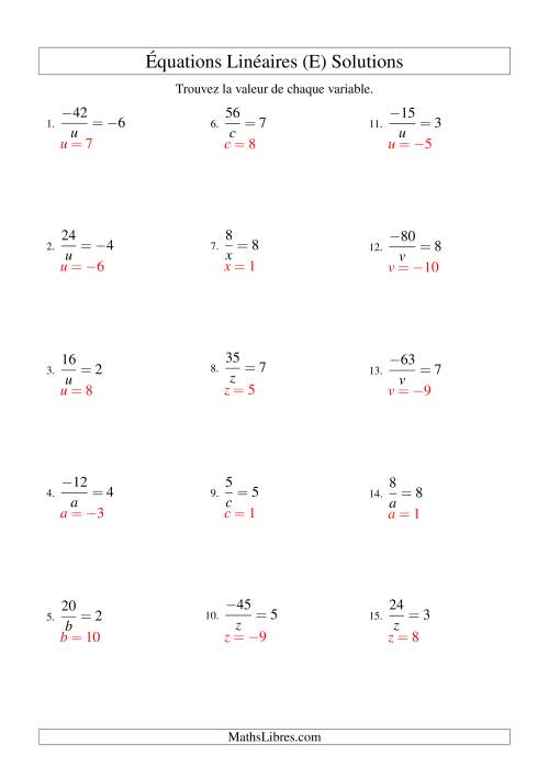 Résolution d'Équations Linéaires (Incluant Valeurs Négatives) -- Forme a/x = c (E) page 2