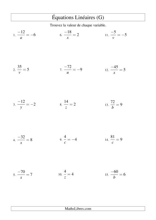 Résolution d'Équations Linéaires (Incluant Valeurs Négatives) -- Forme a/x = c (G)