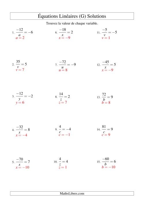 Résolution d'Équations Linéaires (Incluant Valeurs Négatives) -- Forme a/x = c (G) page 2