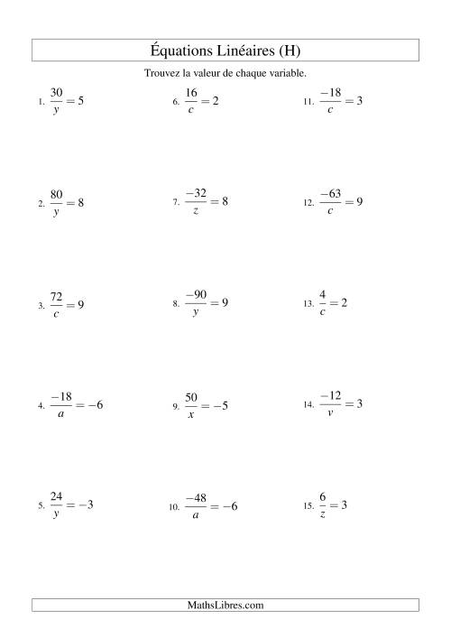 Résolution d'Équations Linéaires (Incluant Valeurs Négatives) -- Forme a/x = c (H)