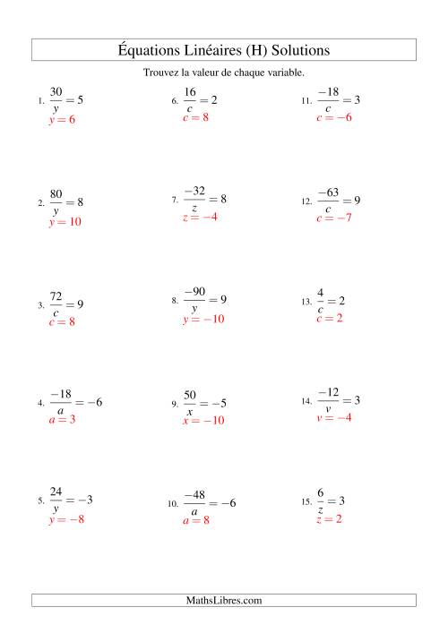 Résolution d'Équations Linéaires (Incluant Valeurs Négatives) -- Forme a/x = c (H) page 2