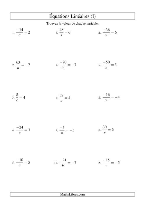 Résolution d'Équations Linéaires (Incluant Valeurs Négatives) -- Forme a/x = c (I)