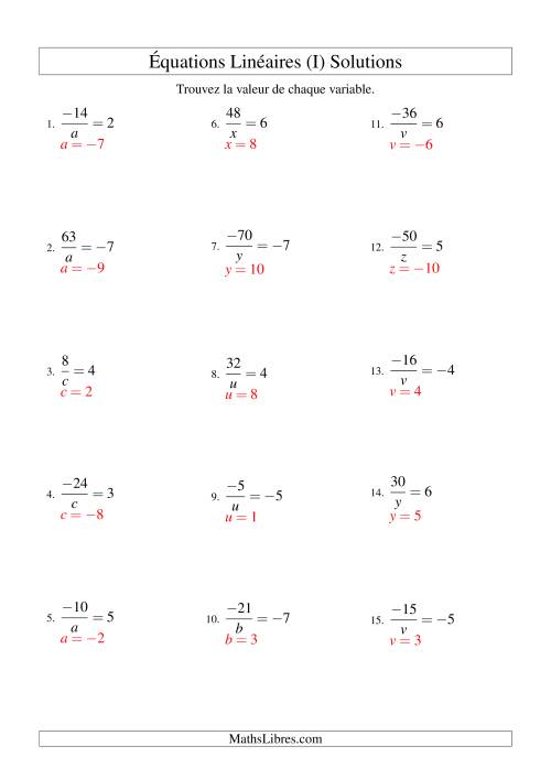Résolution d'Équations Linéaires (Incluant Valeurs Négatives) -- Forme a/x = c (I) page 2
