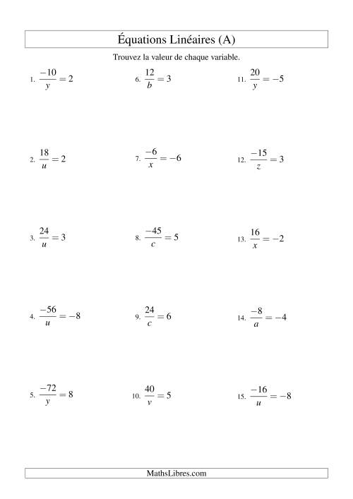 Résolution d'Équations Linéaires (Incluant Valeurs Négatives) -- Forme a/x = c (Tout)