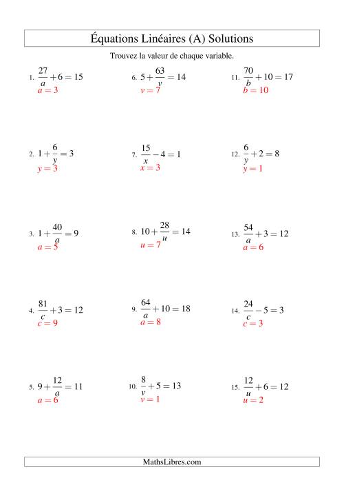 Résolution d'Équations Linéaires -- Forme a/x ± b = c (A) page 2