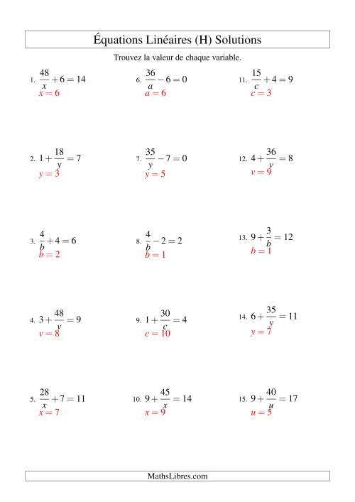 Résolution d'Équations Linéaires -- Forme a/x ± b = c (H) page 2