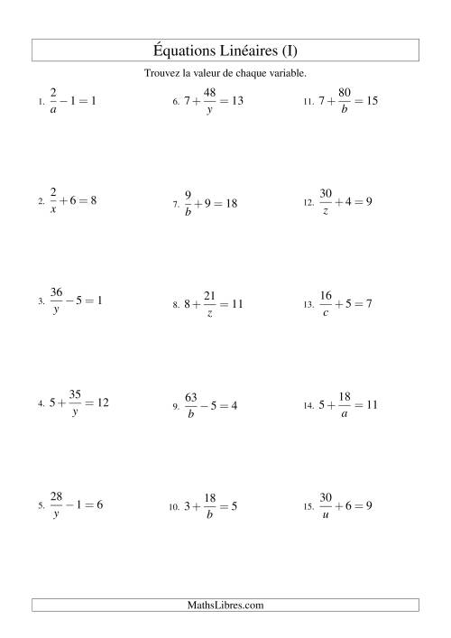 Résolution d'Équations Linéaires -- Forme a/x ± b = c (I)