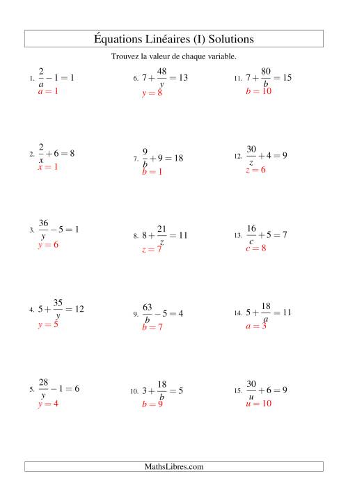 Résolution d'Équations Linéaires -- Forme a/x ± b = c (I) page 2