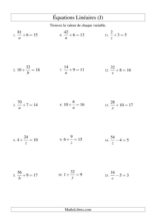 Résolution d'Équations Linéaires -- Forme a/x ± b = c (J)