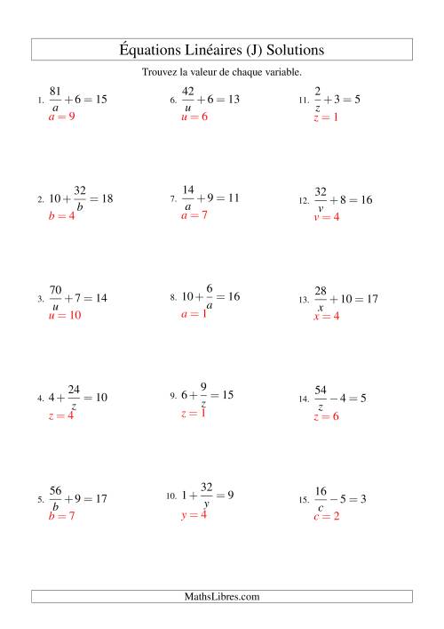 Résolution d'Équations Linéaires -- Forme a/x ± b = c (J) page 2