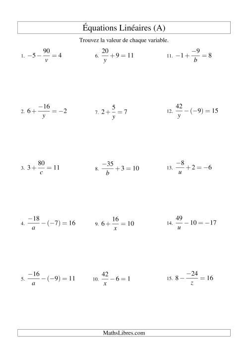Résolution d'Équations Linéaires (Incluant Valeurs Négatives) -- Forme a/x ± b = c (A)
