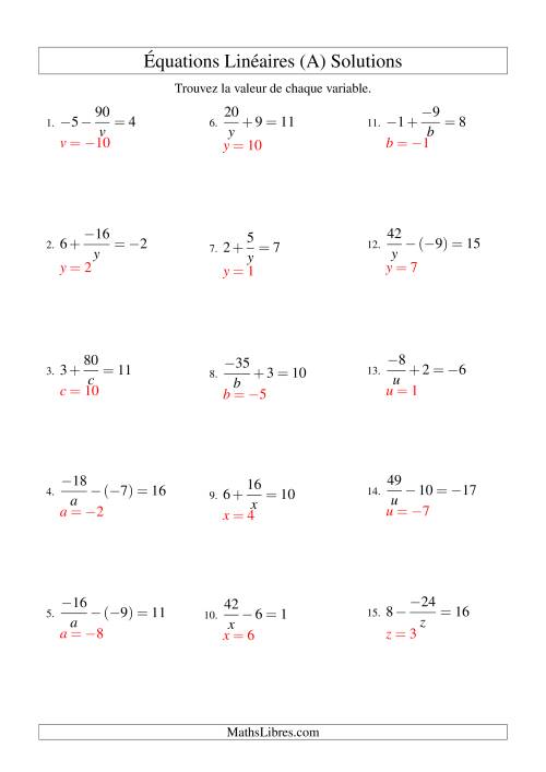 Résolution d'Équations Linéaires (Incluant Valeurs Négatives) -- Forme a/x ± b = c (A) page 2