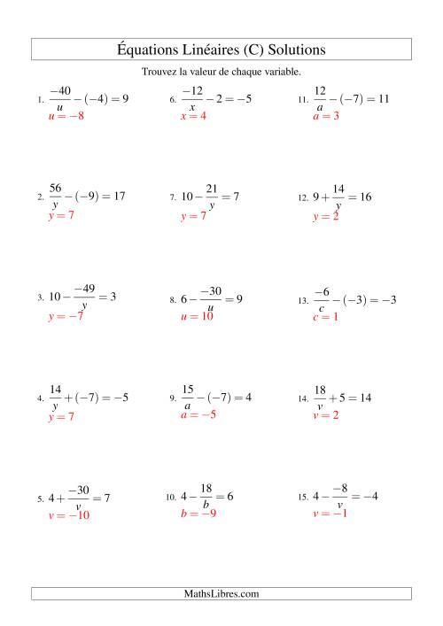 Résolution d'Équations Linéaires (Incluant Valeurs Négatives) -- Forme a/x ± b = c (C) page 2