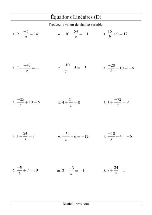 Résolution d'Équations Linéaires (Incluant Valeurs Négatives) -- Forme a/x ± b = c (D)