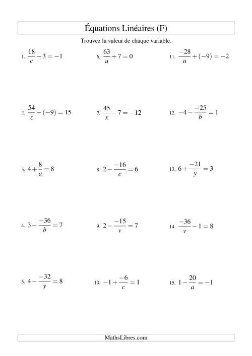 Résolution d'Équations Linéaires (Incluant Valeurs Négatives) -- Forme a/x ± b = c (F)