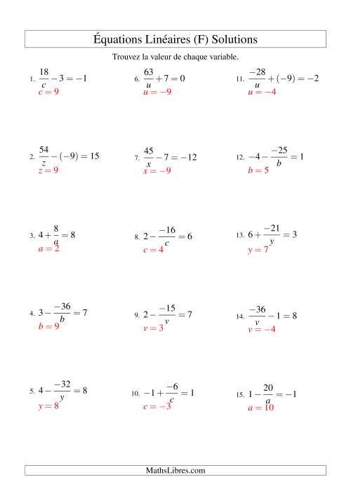 Résolution d'Équations Linéaires (Incluant Valeurs Négatives) -- Forme a/x ± b = c (F) page 2