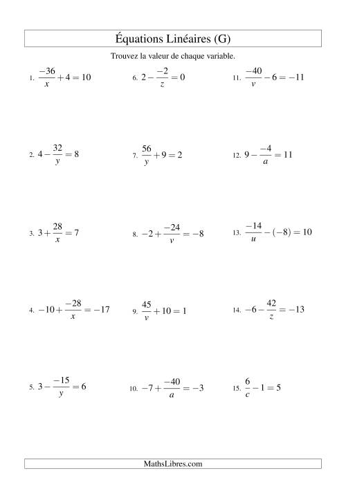 Résolution d'Équations Linéaires (Incluant Valeurs Négatives) -- Forme a/x ± b = c (G)