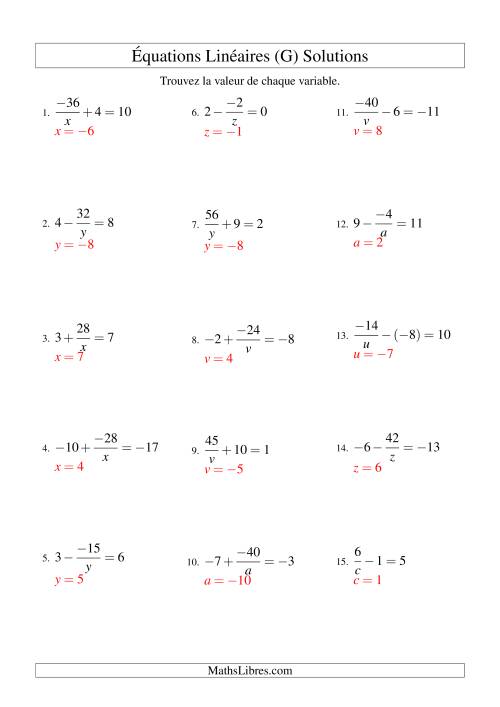 Résolution d'Équations Linéaires (Incluant Valeurs Négatives) -- Forme a/x ± b = c (G) page 2