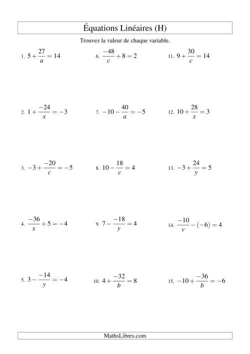 Résolution d'Équations Linéaires (Incluant Valeurs Négatives) -- Forme a/x ± b = c (H)