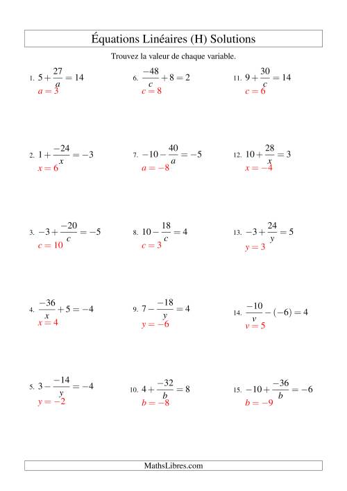 Résolution d'Équations Linéaires (Incluant Valeurs Négatives) -- Forme a/x ± b = c (H) page 2
