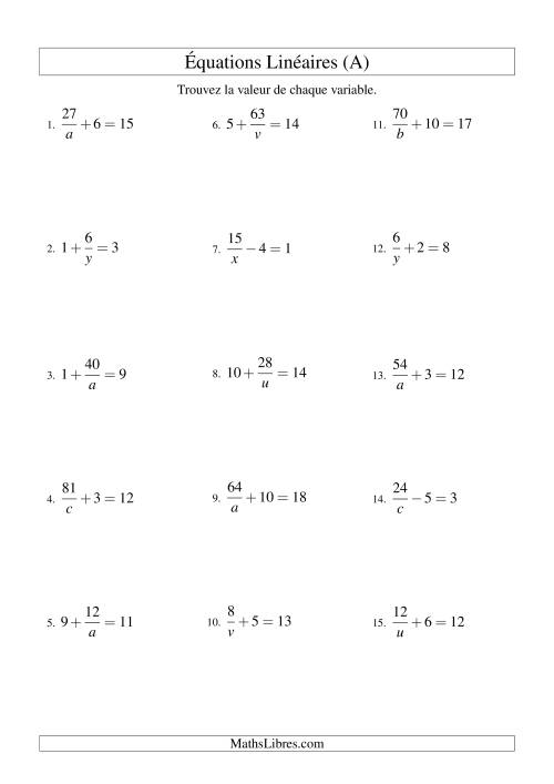 Résolution d'Équations Linéaires -- Forme a/x ± b = c (Tout)