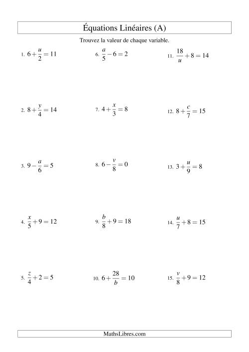 Résolution d'Équations Linéaires -- Forme x/a ± b = c (A)