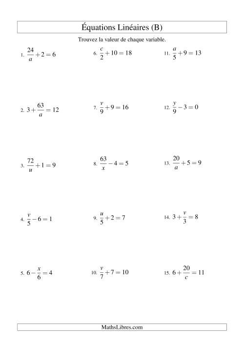 Résolution d'Équations Linéaires -- Forme x/a ± b = c (B)