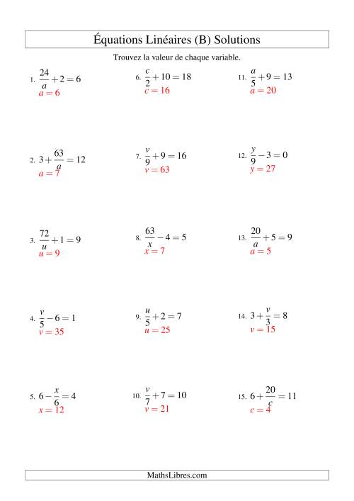 Résolution d'Équations Linéaires -- Forme x/a ± b = c (B) page 2