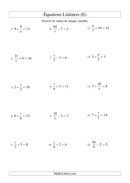 Résolution d'Équations Linéaires -- Forme x/a ± b = c (E)