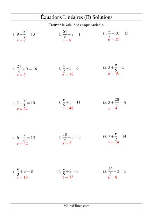 Résolution d'Équations Linéaires -- Forme x/a ± b = c (E) page 2