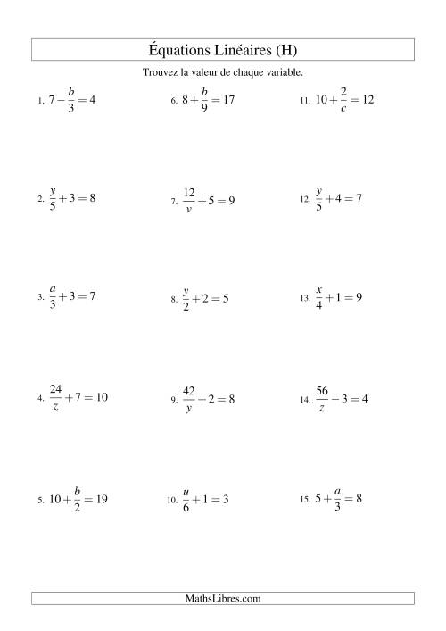 Résolution d'Équations Linéaires -- Forme x/a ± b = c (H)