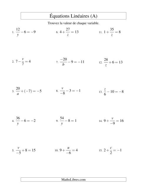 Résolution d'Équations Linéaires (Incluant Valeurs Négatives) -- Forme x/a ± b = c (A)
