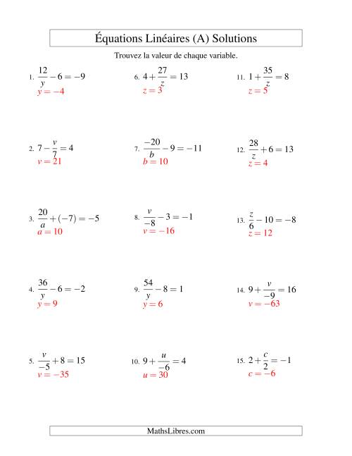 Résolution d'Équations Linéaires (Incluant Valeurs Négatives) -- Forme x/a ± b = c (A) page 2